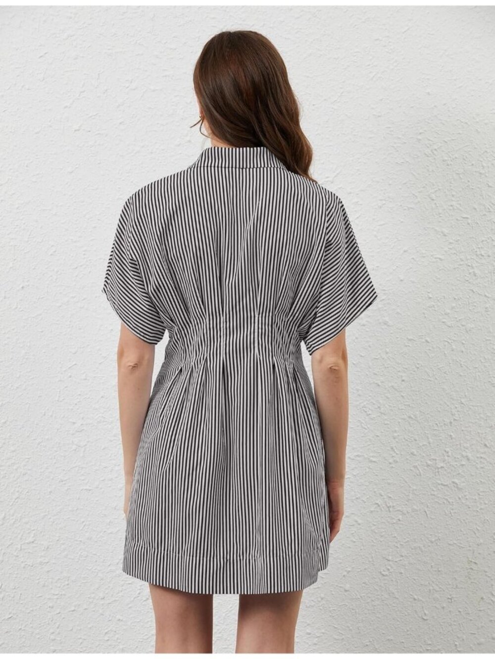 Women's Black Straps Down Pleated Shirt Striped Short Sleeve Casual Mini Dress - Picture 4 of 4